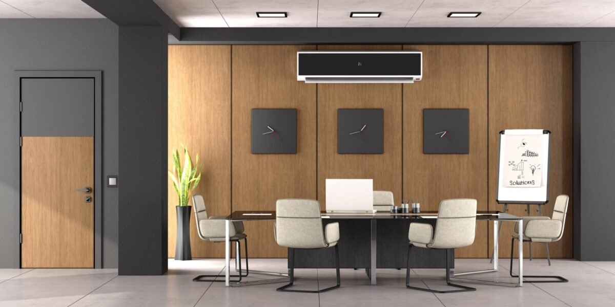 Black and wooden boardroom with modern office furniture and closed door - 3d rendering