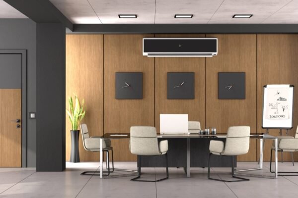 Black and wooden boardroom with modern office furniture and closed door - 3d rendering