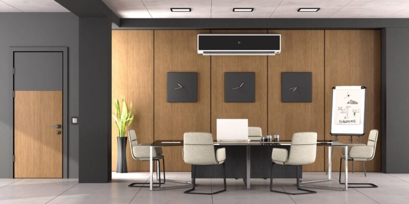 Black and wooden boardroom with modern office furniture and closed door - 3d rendering